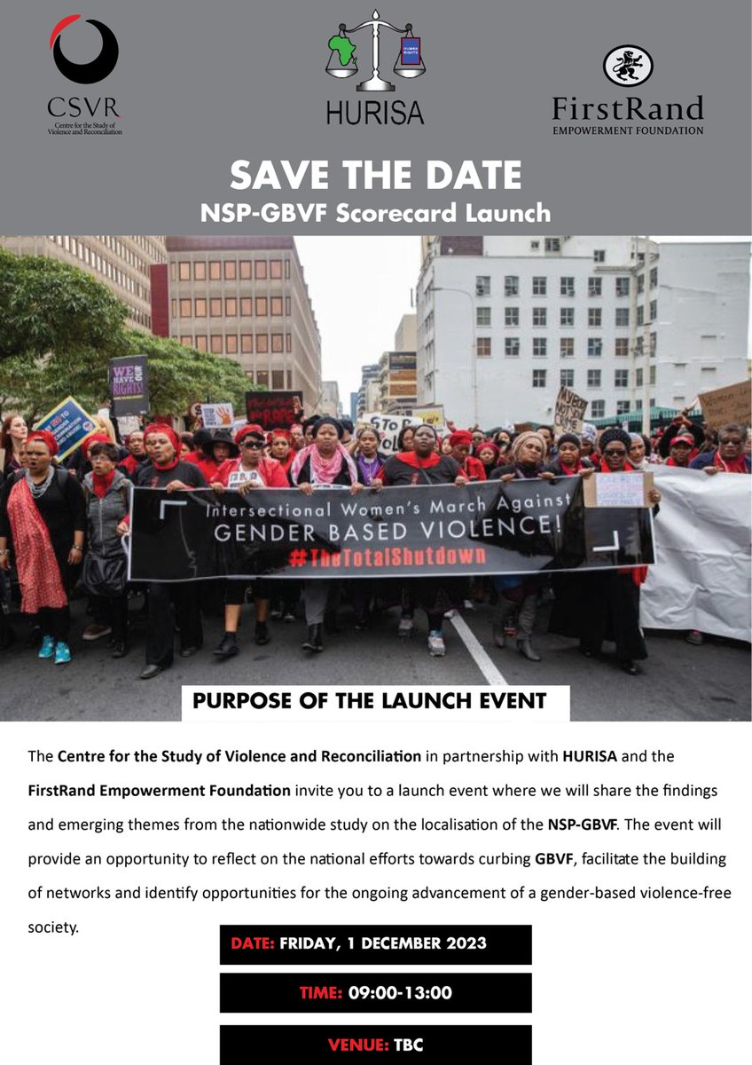 SAVE THE DATE!

CSVR with FirstRand Empowerment Foundation and Hurisa are hosting a launch event to share the findings and emerging themes from the nationwide study on the localisation of the NSP-GBV.

Date: 01 December 
Time: 09:00 - 13:00
Venue: TBC

#gbv #stopGBV