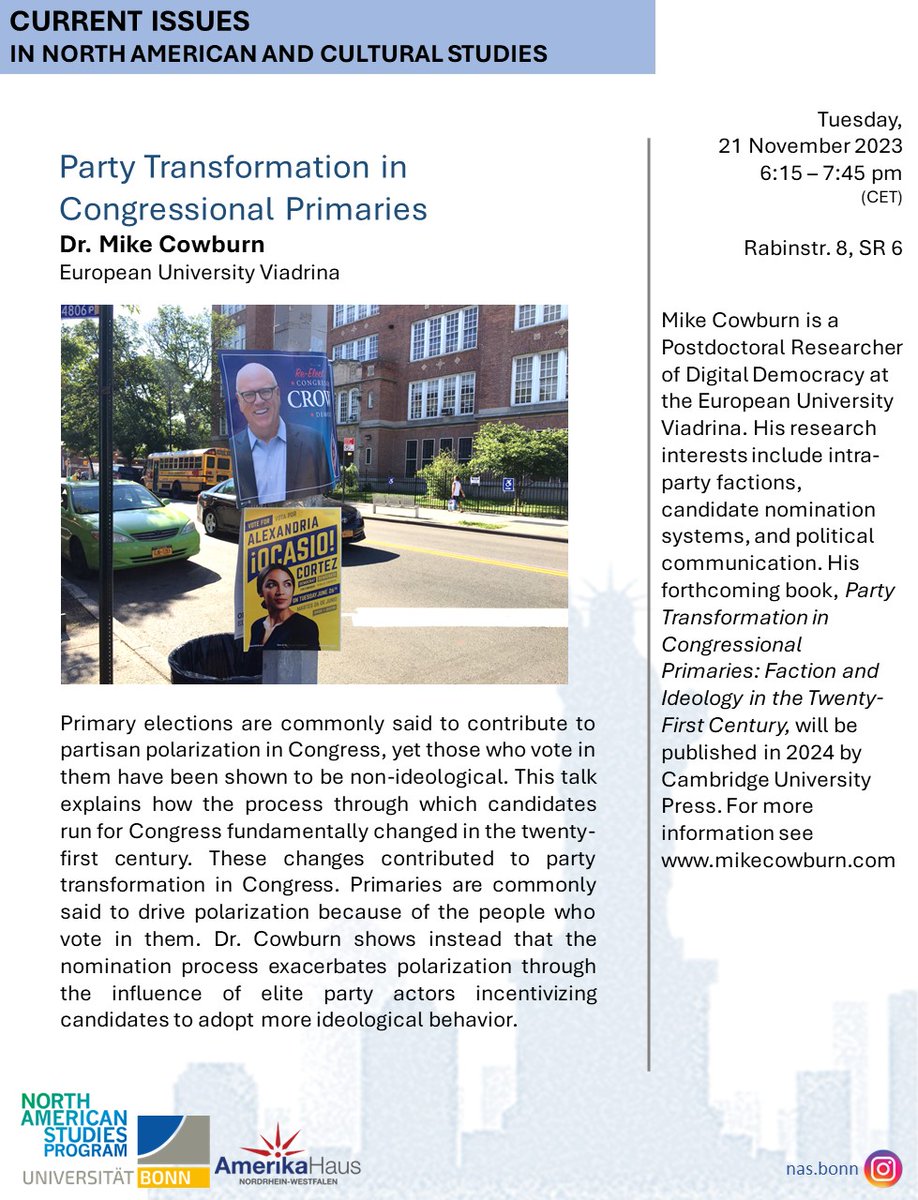 North American Studies Bonn (@nas_bonn) on Twitter photo We are more than excited about Dr. Mike Cowburn's (<a href="/cowburn86/">Mike Cowburn</a>) lecture tomorrow on "Party Transformation in Congressional Primaries." Grab a friend and join us for yet another inspiring talk at the Rabinstr. 8, SR 6! 😌 We are more than excited about Dr. Mike Cowburn's (<a href="/cowburn86/">Mike Cowburn</a>) lecture tomorrow on "Party Transformation in Congressional Primaries." Grab a friend and join us for yet another inspiring talk at the Rabinstr. 8, SR 6! 😌