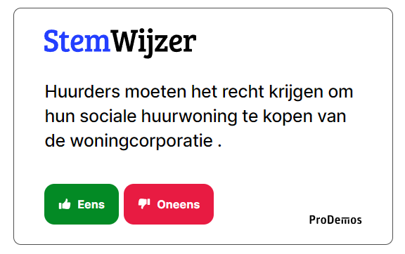 🏠Huurders moeten het recht krijgen om hun sociale huurwoning te kopen van de woningcorporatie. 

👉Wat vind jij? Doe de StemWijzer op StemWijzer.nl

#TK2023 #Verkiezing #StemWijzer