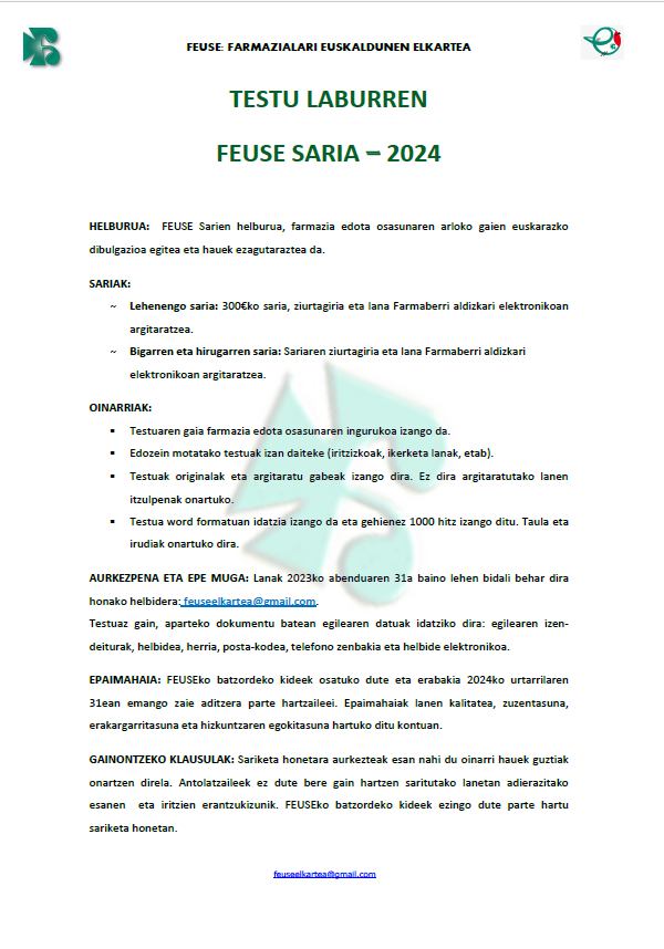 FeuseElkartea's tweet photo. Aurten ere hemen dira Testu Laburren FEUSE sariak. Zabaldu zuen ingurukoen artean eta anima zaitez testuak bidaltzera.

Epea: 2023ko abenduaren 31

@GipuzkoaCOF @COFBizkaia @COFAlava @Farmazia_ehu @SEFAC_aldia https://t.co/8wZil8YJPn