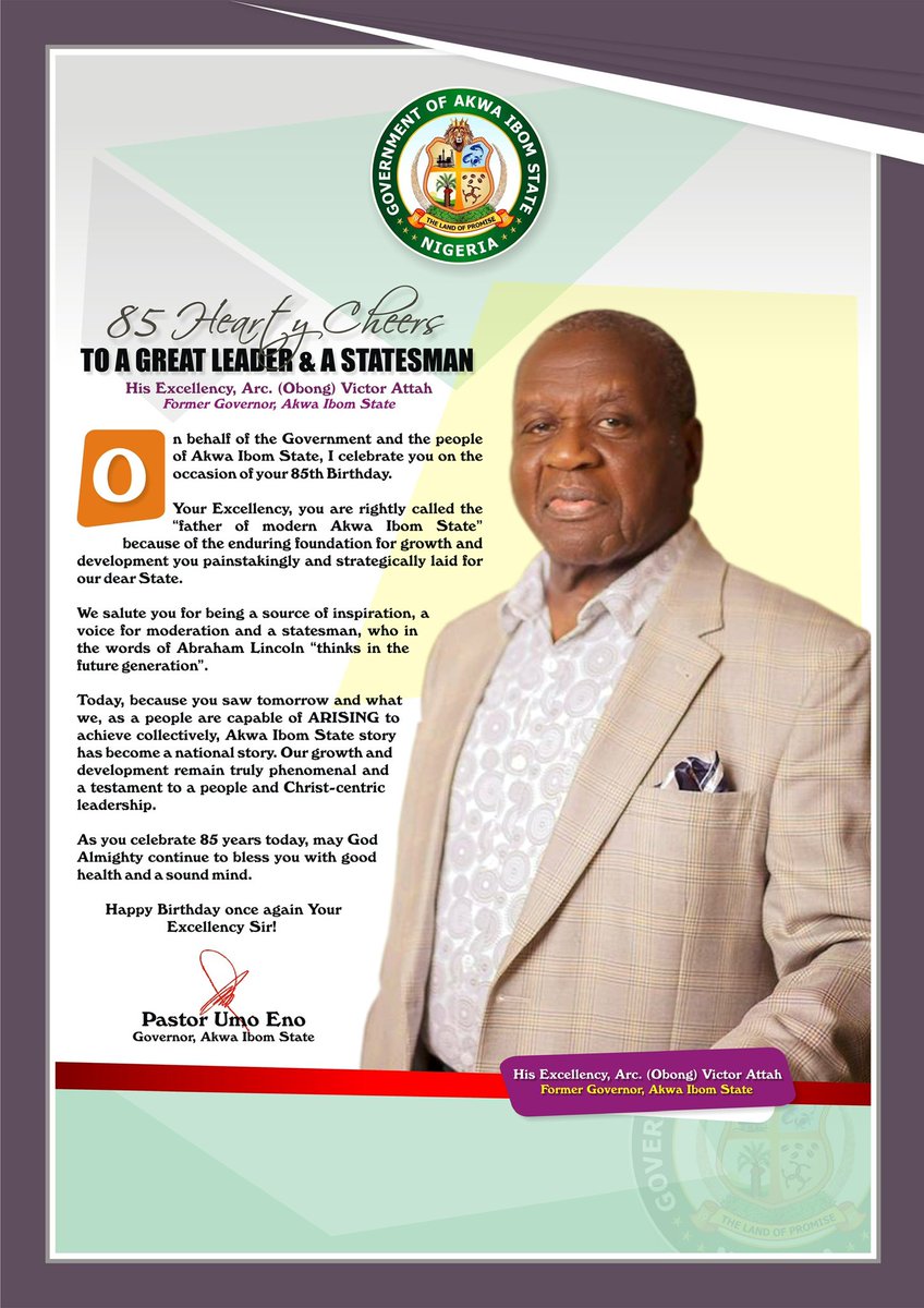 aksgovt's tweet photo. Akwa Ibom State Governor, Pastor Umo Eno, celebrates former Governor Victor Attah on his 85th birthday, describing him as a source of inspiration and a father of modern Akwa Ibom.

Happy birthday, Your Excellency! https://t.co/vCkQqRi1OH