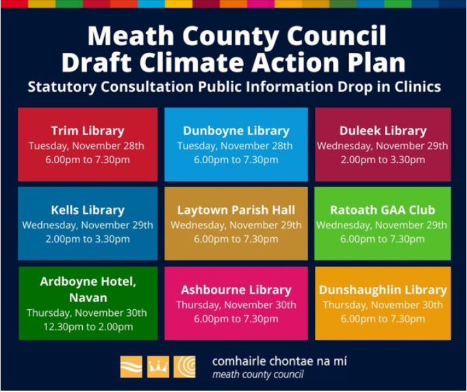 Have Your Say! 📷Read Meath County Councils Draft Climate Action Plan at consult.meath.ie 📷Visit us at one of our public information drop-in clinics. 📷Make a submission - see bit.ly/47E8aVa Submissions accepted until 5pm on Thursday, 8th January, 2023