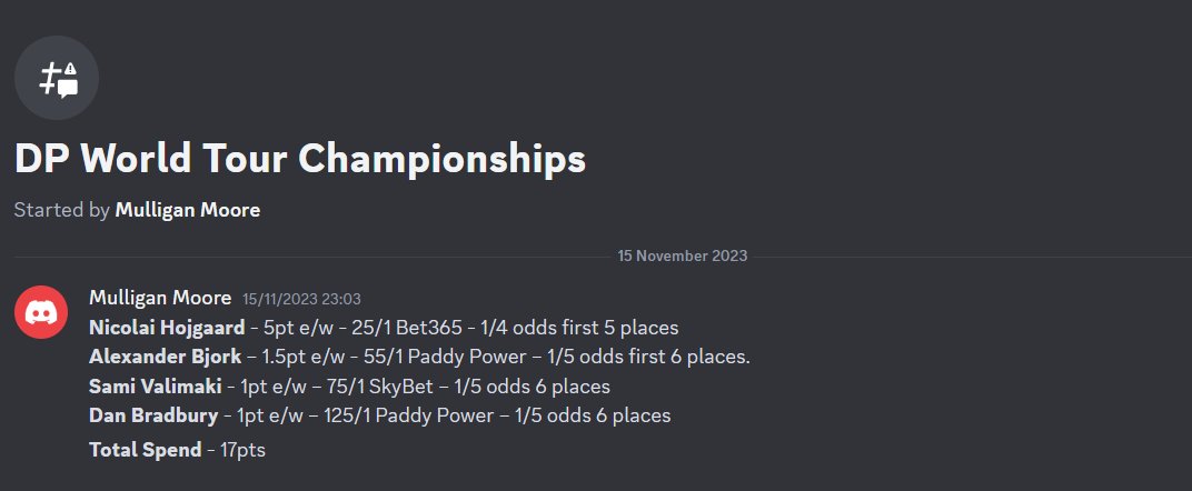 MooreMulligan's tweet photo. Well ended the DPWT in styler with Nicolai Hojgaard taking the win in what was the biggest play I suggested all year.

7 weeks ago set up a discord hoping to get a fun community going, almost every week been pumping wins out. +370pts in 7 weeks.

Hope in 2024 people might join. https://t.co/6GBfUMzekv