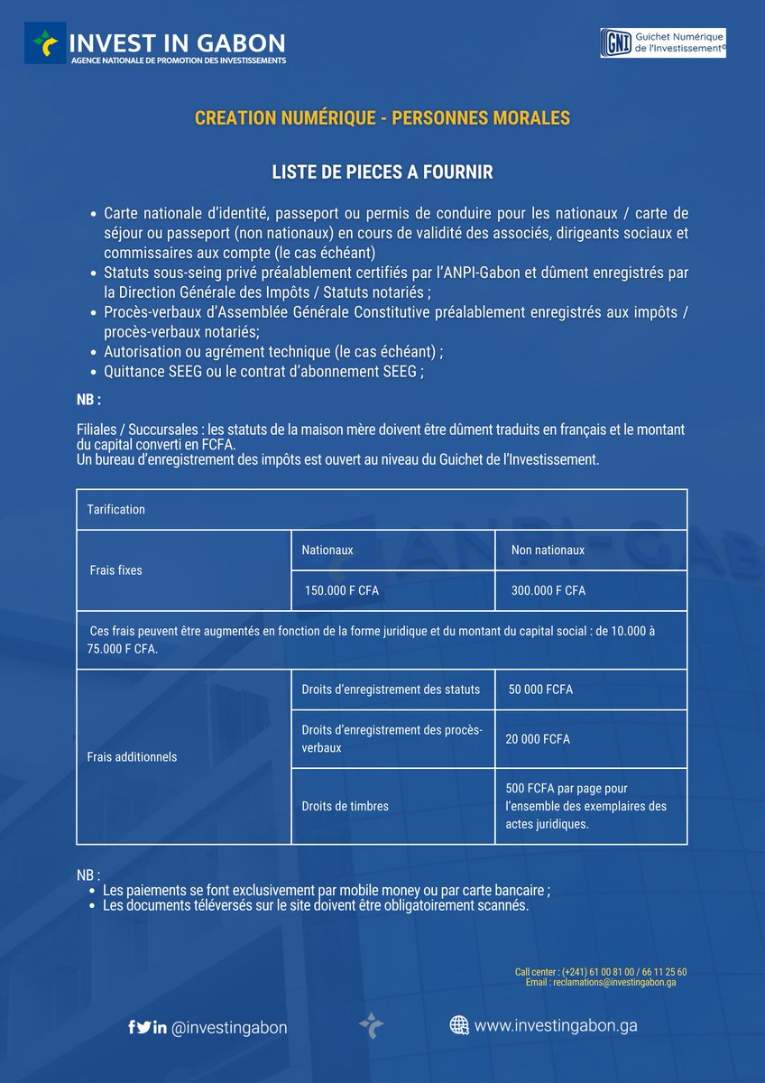 Nouvelle semaine, nouvelle opportunité de créer votre société ! Découvrez la liste des pièces à fournir pour les personnes morales.  📌 Pour plus d'informations, contactez notre call center au 066 11 25 60 ou 061 00 81 00
