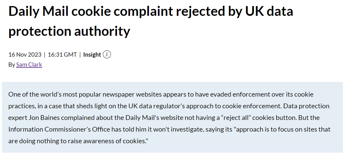 sgclark92's tweet photo. ICO: We will enforce against websites without "reject all" options for cookies.

Receives complaint about high-profile website with no reject all button.

ICO: Thanks but no thanks. https://t.co/VDlLNejsWw
