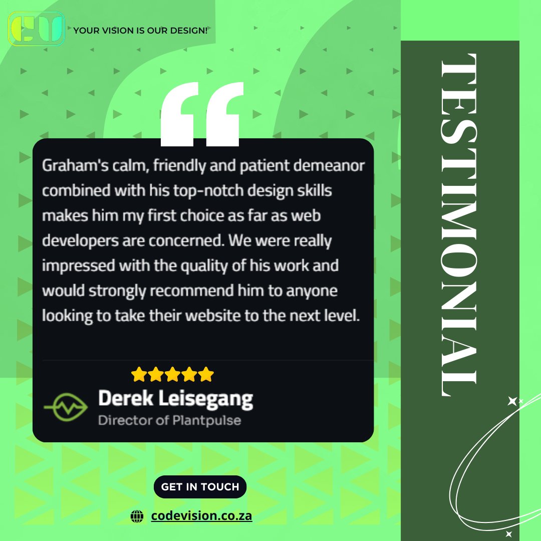 codevisionrsa's tweet image. 🌟Sharing Derek Leisegang&apos;s Inspiring Testimony, Director of Plantpulse! 🌟

We couldn&apos;t be more excited to unveil the awe-inspiring testimonials shared by our extraordinary client.