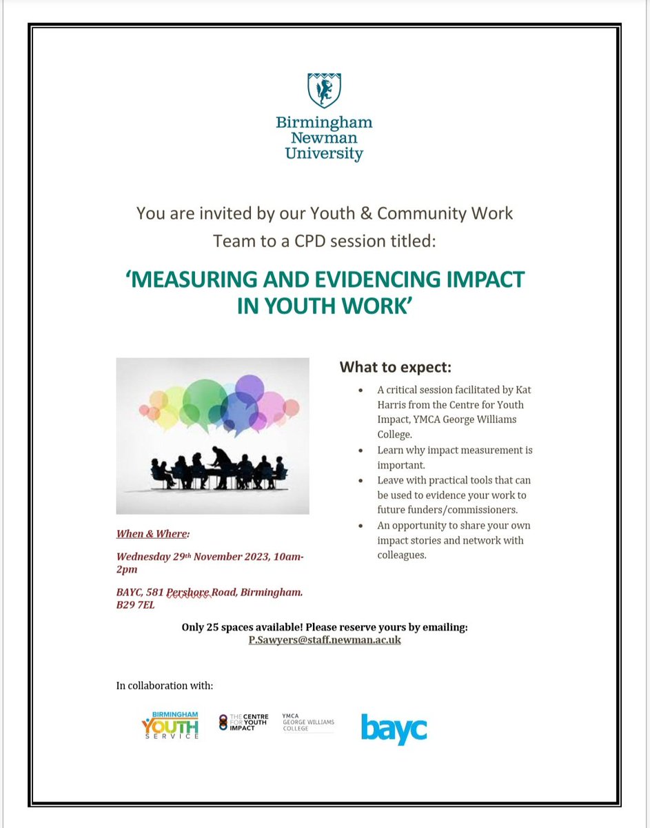 🗣How do you know that youth work works? How can you show its impact to funders/commissioner's? Find out at our FREE CPD event next week! Facilitated by @katharrisgwc from @Centres_GWC in collab with us (@NewmanUni_YandC) @BCCYouthService and @baycyouth Only 5 spaces left!Book👇🏾