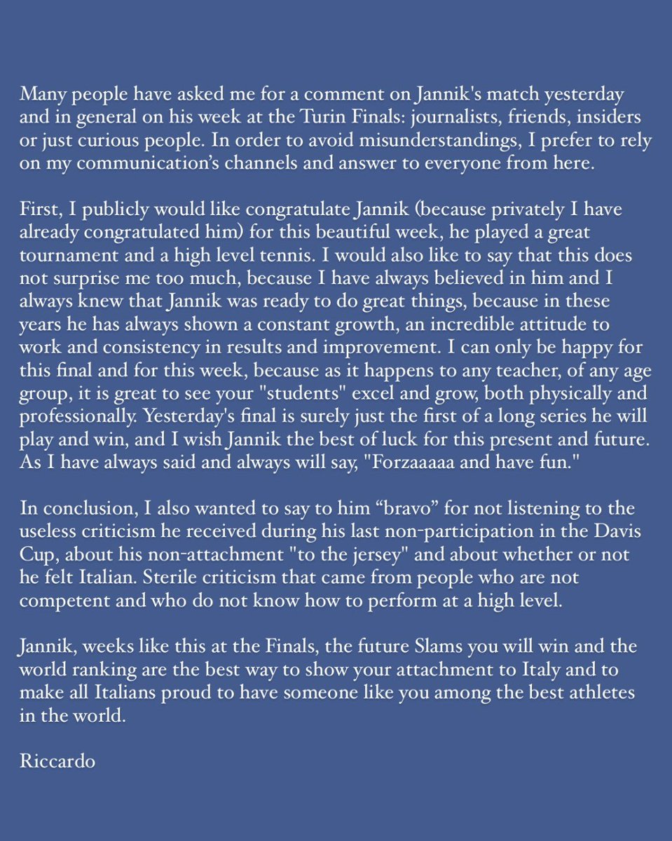 A message from <a href="/RPiatti/">Riccardo Piatti</a> to <a href="/janniksin/">Jannik Sinner</a> 🌟