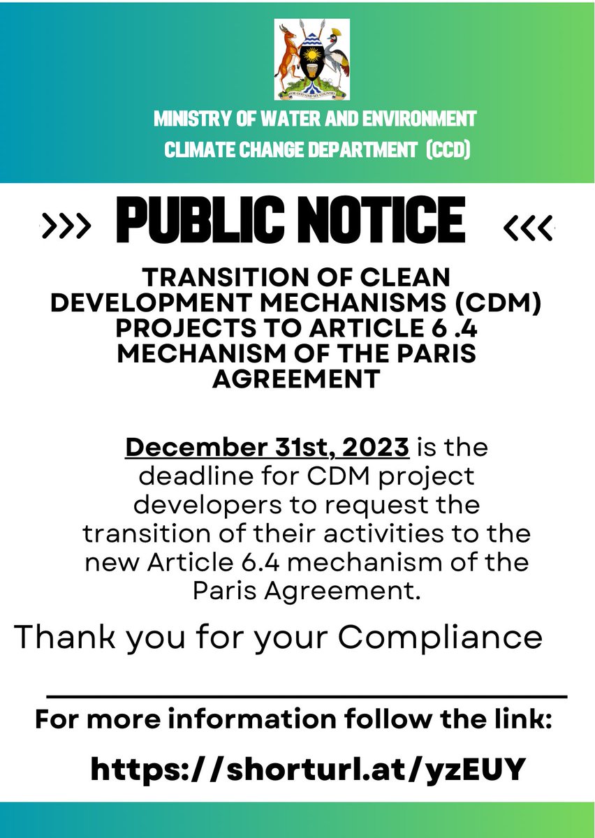 #NOTICE

CCD has been engaging carbon market project developers with activities under the Clean Development Mechanism (CDM), the CDM is being phased out, project developers have the opportunity to transition eligible activities &amp; generate #carbon credit under the PA’s Article 6.4