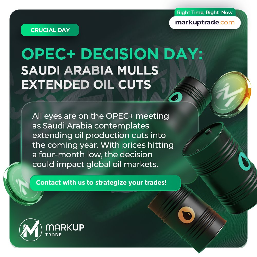 MarkupTrade's tweet photo. OPEC+ Decision Day: Saudi Arabia Mulls Extended Oil Cuts

🛢️ All eyes are on the OPEC+ meeting as Saudi Arabia contemplates extending oil production cuts into the coming year. With prices hitting a four-month low, the decision could impact global oil markets.💡 #OPEC #OilMarket https://t.co/U9BHmqT6ME