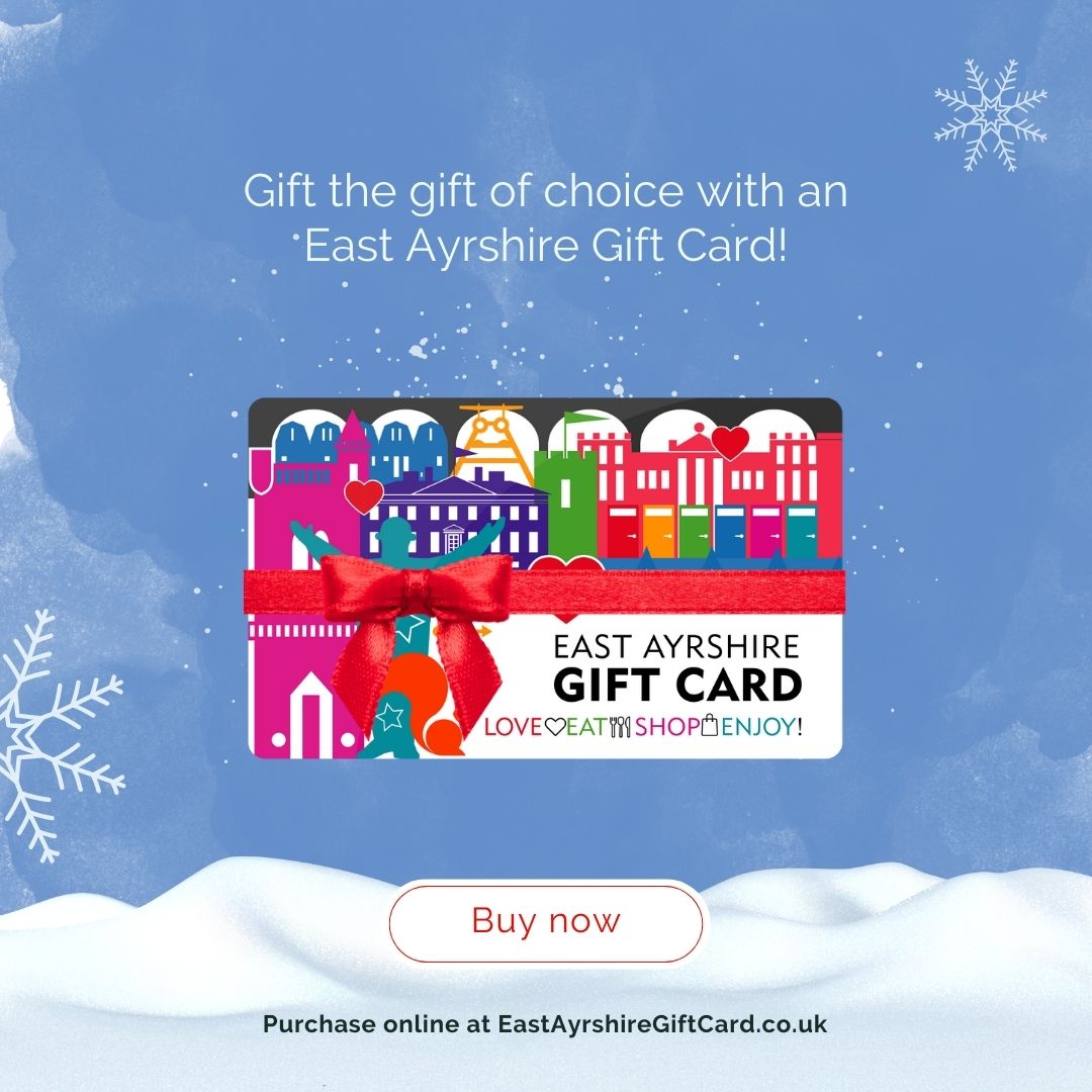 Unwrap the magic of the season with an East Ayrshire Gift Card! 🎅🏼 ✨ 
Give the gift of joy this Christmas and support our local businesses. 
'Tis the season to shop, dine, and celebrate together! 🎁🌟  
#ShopLocal #EAGiftcard #ShopEastAyrshire
