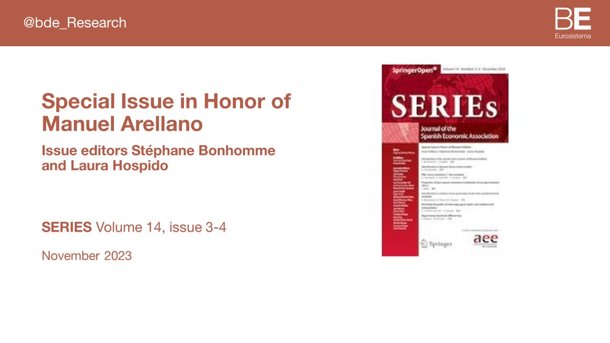 The SERIEs Special Issue containing 12 articles follows the celebration of the “Conference on Econometric Methods and Empirical Analysis of Micro Data” held in honor of @manolo_arellano in the @BancodeEspana in July 2022 #bdeResearch link.springer.com/journal/13209/…