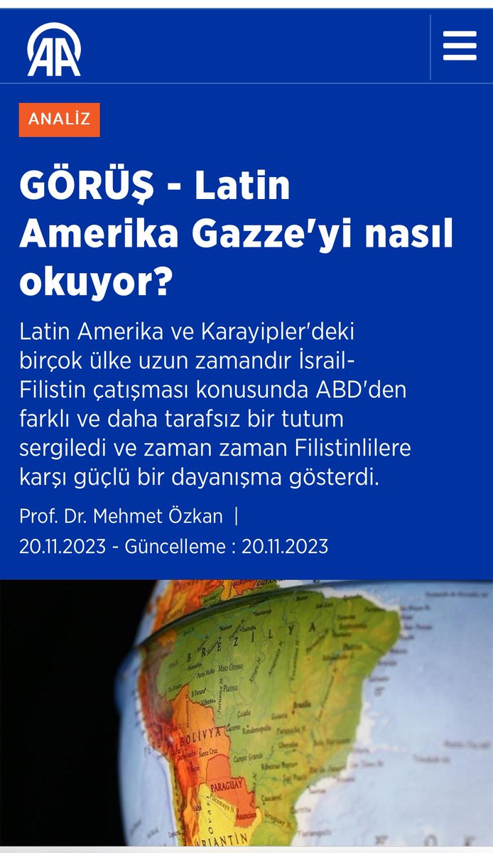 Latin Amerika ülkeleri Gazze'de yaşananları nasıl görüyor? sorusunu <a href="/anadoluajansi/">Anadolu Ajansı</a> için yanıtladım. 
aa.com.tr/tr/analiz/goru…