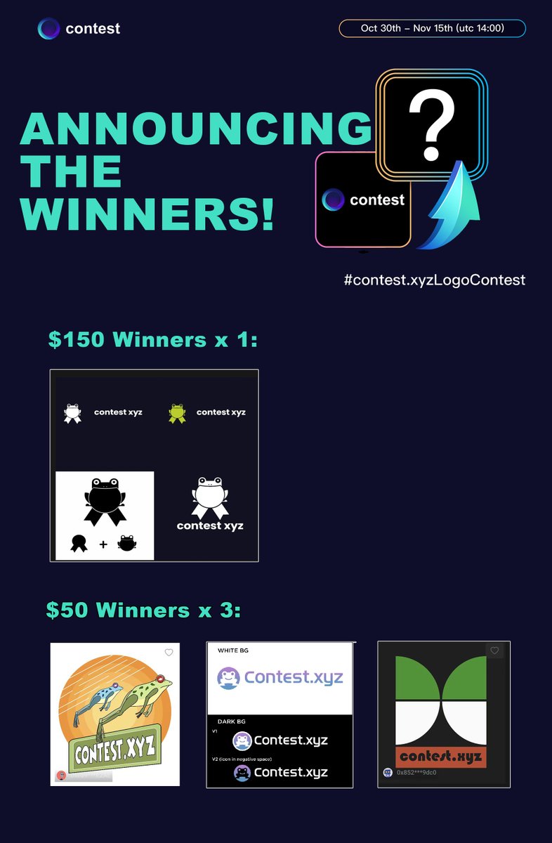contestxyz's tweet photo. ๐ซก We are so excited to announce winners of #ContestlogoContest !
We received 62 design works. Your creativity truly stood out. ๐๐ https://t.co/4zESmZHkAQ