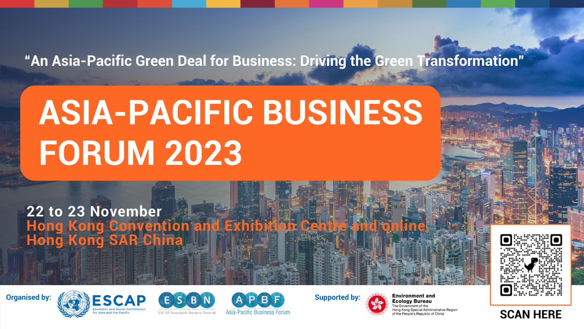 UNESCAP's tweet photo. Businesses play a pivotal role in achieving #SDGs.

🌐 Join us at the Asia-Pacific Business Forum #APBF in #HongKong on 22-23 November to explore how their crucial contributions are shaping a sustainable future for the #AsiaPacific: https://t.co/MocnqgTe1A

#ESBN https://t.co/EUh22BByS9