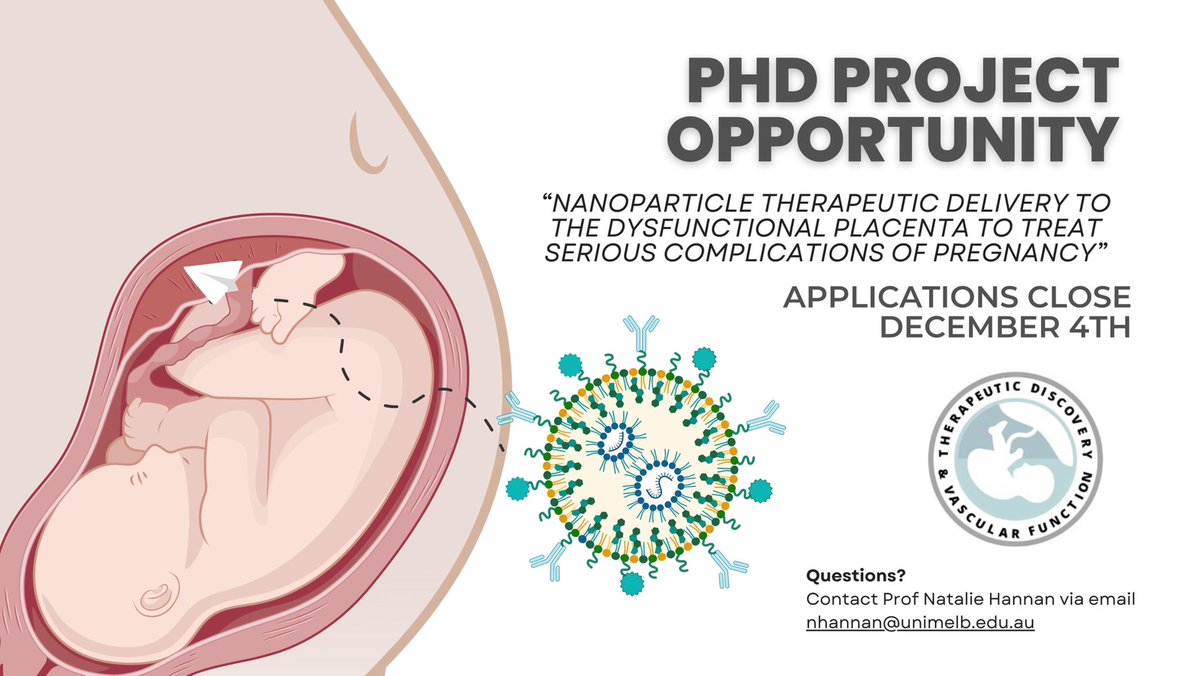 Therapeutics Discovery & Vascular Function Group (@tdvfgroup) on Twitter photo 📣 Looking for an exciting PhD project? Developing novel therapeutic strategies to treat major complications of pregnancy. Look no further…we have a joint project with full scholarship between the <a href="/UniMelb/">University of Melbourne</a> Faculties <a href="/UniMelbMDHS/">UniMelb MDHS</a> and @engunimelb👇🏼Apps close Dec 4th - share/RT! 📣 Looking for an exciting PhD project? Developing novel therapeutic strategies to treat major complications of pregnancy. Look no further…we have a joint project with full scholarship between the <a href="/UniMelb/">University of Melbourne</a> Faculties <a href="/UniMelbMDHS/">UniMelb MDHS</a> and @engunimelb👇🏼Apps close Dec 4th - share/RT!