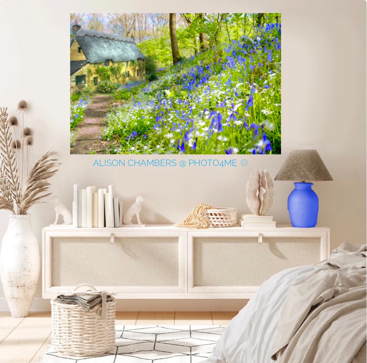 Cottage in the Bluebell Wood©️. Available from; shop.Photo4Me.com/1282447 & alisonchambers2.Redbubble.com & 2-alison-chambers.pixels.com #cottage #cottages #thatchedcottages #EnglishCottages #bluebellwood #bluebells #EnglishBluebells #wallartforsale