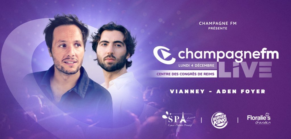 Le #ChampagneFmLive est de retour ! L'artiste international #AdenFoyer et l'incroyable #Vianney seront sur la scène du Centre des Congrès de Reims le 4 décembre prochain 🔥 • @champagnefm @VianneyMusique @RosselRadioPub @RosselRadioFR @LesIndesRadios @LaLettrePro @Arcom_Nancy