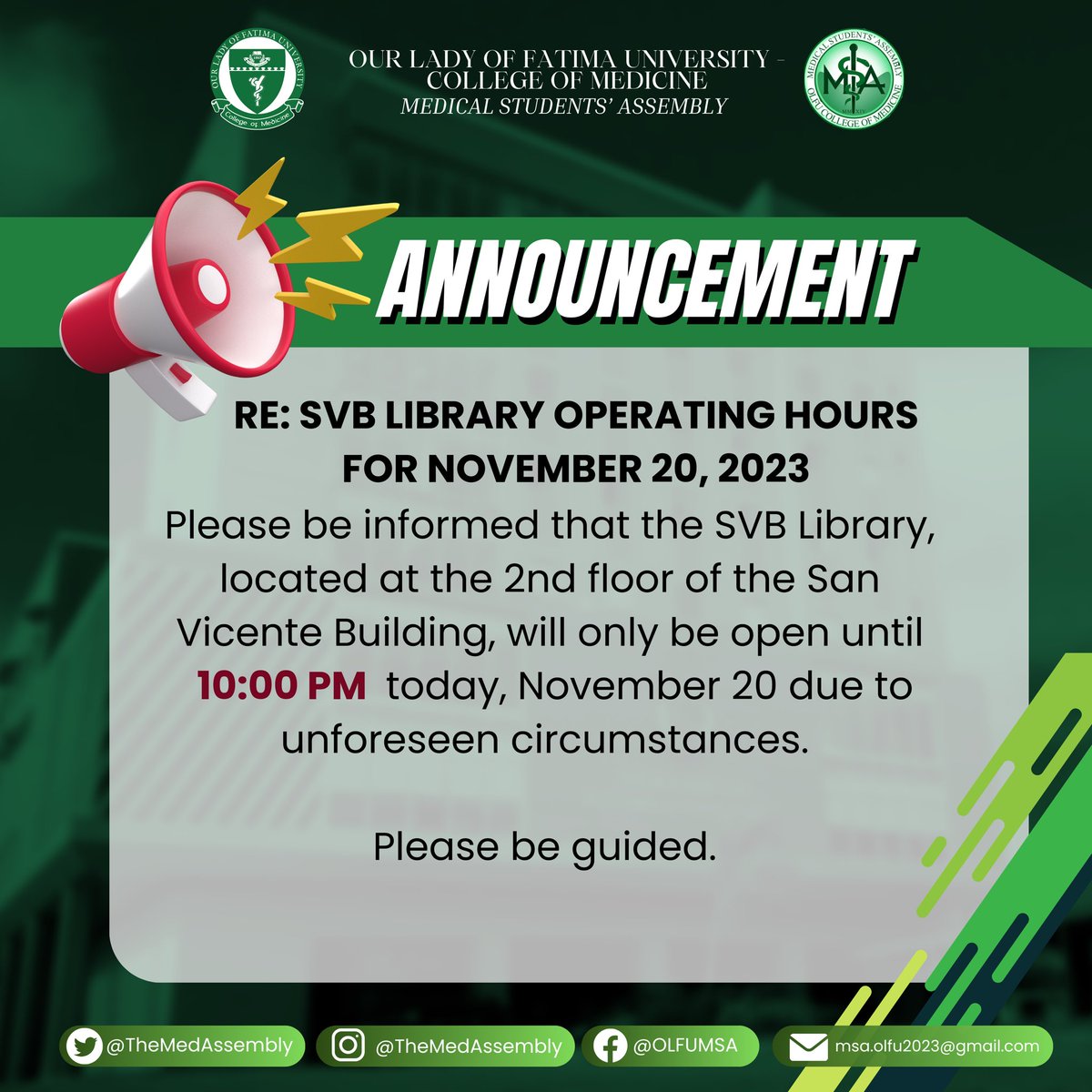 TheMedAssembly's tweet image. RE: SVB LIBRARY OPERATING HOURS FOR NOVEMBER 20, 2023

Please be informed that the SVB Library, located at the 2nd floor of the San Vicente Building, will only be open until
 10:00 PM  today, November 20 due to unforeseen circumstances. 

Please be guided.