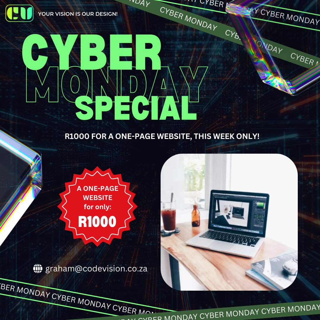 codevisionrsa's tweet image. ✨ Cyber Monday Special! ✨

R1000 for a one-page website, this week only! 🙌
