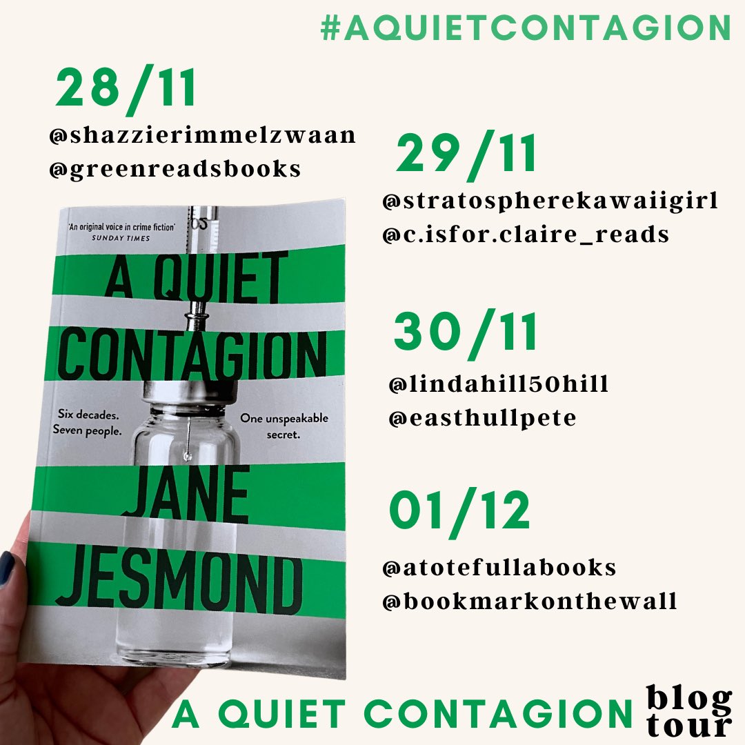 Blog tour kicks off today for A Quiet Contagion by Jane Jesmond

My stop on the 25th when I’ll publish my review 😊

#blogtour #newrelease #AQuietContagion #BookTwitter