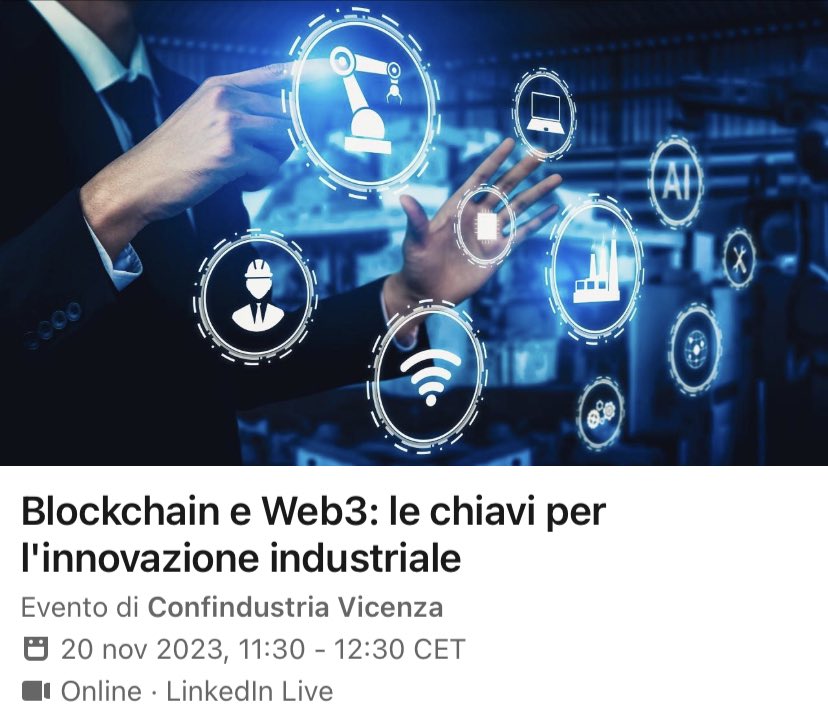 Tra un’ora i nostri CEO e COO, Silvia Bertelli e Antonino Abbate in diretta con <a href="/ConfindustriaVi/">ConfindustriaVicenza</a> qui: linkedin.com/video/event/ur…

#blockchain #industria #formazione #nft #crypto #veneto #NFTMarketplace #web3 #web3community #onlymusix #jointhemusicrevolution