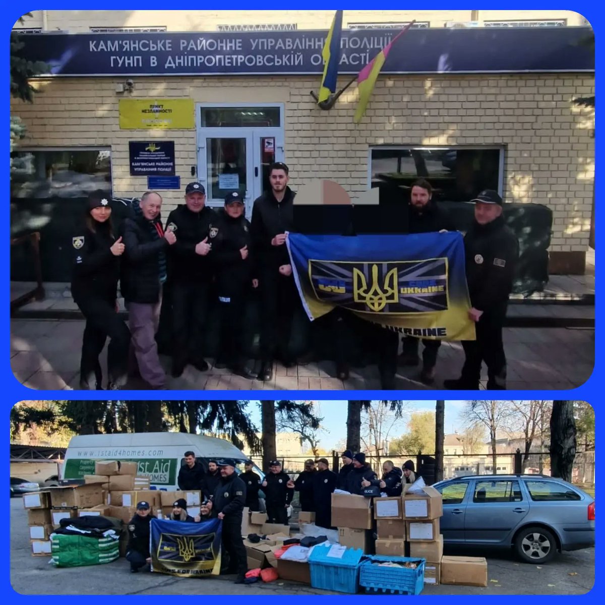 copsforukraine's tweet photo. Op Avail delivery 🇬🇧🇺🇦
A huge delivery to our Ukrainian Police colleagues last week. Over 2 tonnes of aid, 3 vehicles &amp; some friendships borne. Follow our FB &amp; Insta feeds for more. Link in bio or DM if you can assist. #UkraineRussiaWar #ukcops #aid #UkraineWar #police #Ukpolice https://t.co/qMxLDuHKqw