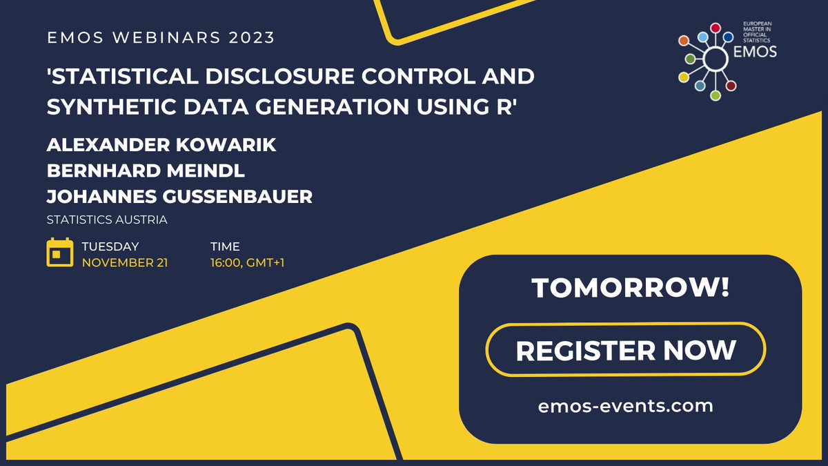 ❗️Tomorrow❗️ Interested in in-depth knowledge of Statistical Disclosure Control (SDC)? Join our #EMOS webinar on synthetic #data creation using #R! 📊🖥️ Dive into practical insights on 21 November at 16:00 (GMT+1). Secure your spot now➡️emos-events.com.