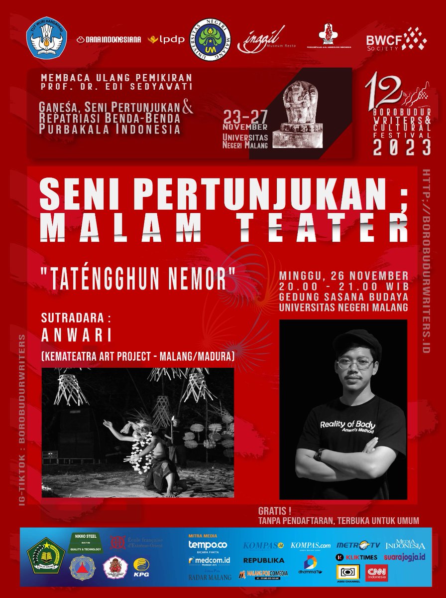"Seni Pertunjukan: Malam Teater" menghadirkan penampilan teater "Taténgghun Nemor" yang disutradarai oleh Anwari dari Kemateatra Art Project. Dilaksanakan pada Minggu, 26 November 2023 pukul 20.00 - 21.00 WIB bertempat di Gedung Sasana Budaya, Universitas Negeri Malang.