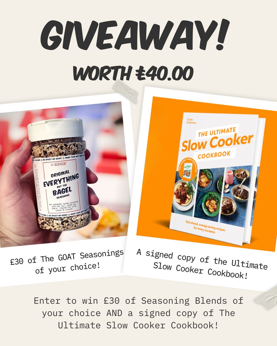 GoatBlends's tweet image. Want to win a signed copy of The Ultimate Slow Cooker Cookbook by Clare Andrews and £30 worth of Seasonings by The GOAT Seasoning Blends?

The more you share the more you win!

goatblends.com/november-givea…

#giveaway #slowcooker #seasonings #win #competition