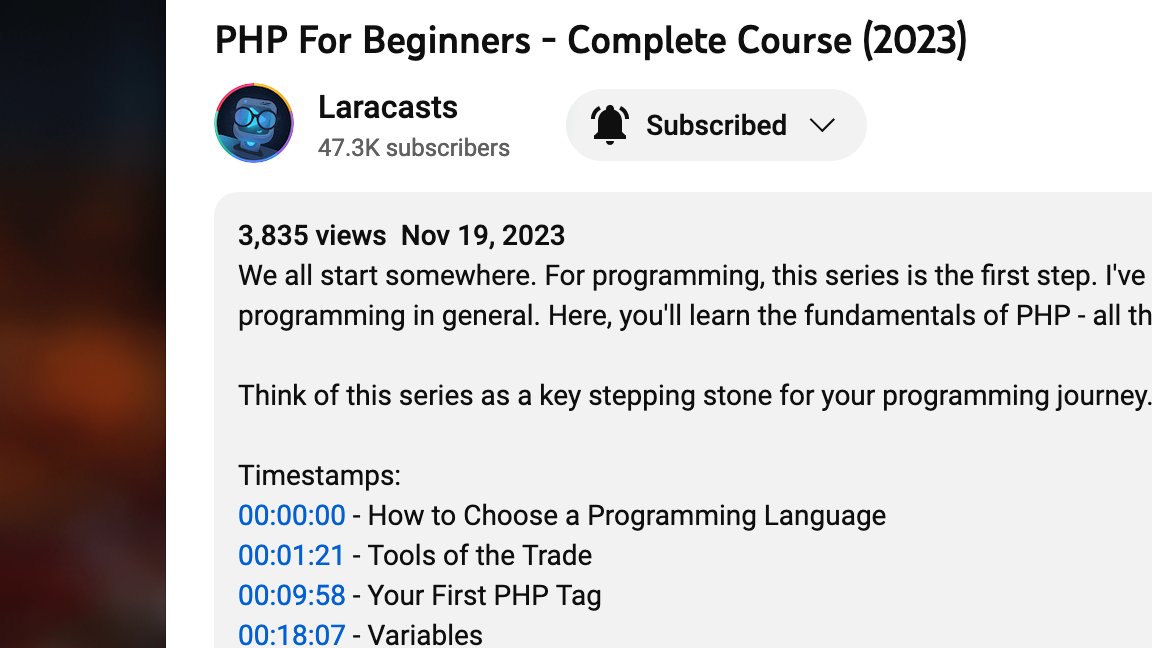 enunomaduro's tweet image. Laracasts has just published a "PHP for Beginners" course featuring over 10 hours of content. We're talking about the best of the best offering a free course on how to get started with PHP. 👏🏻