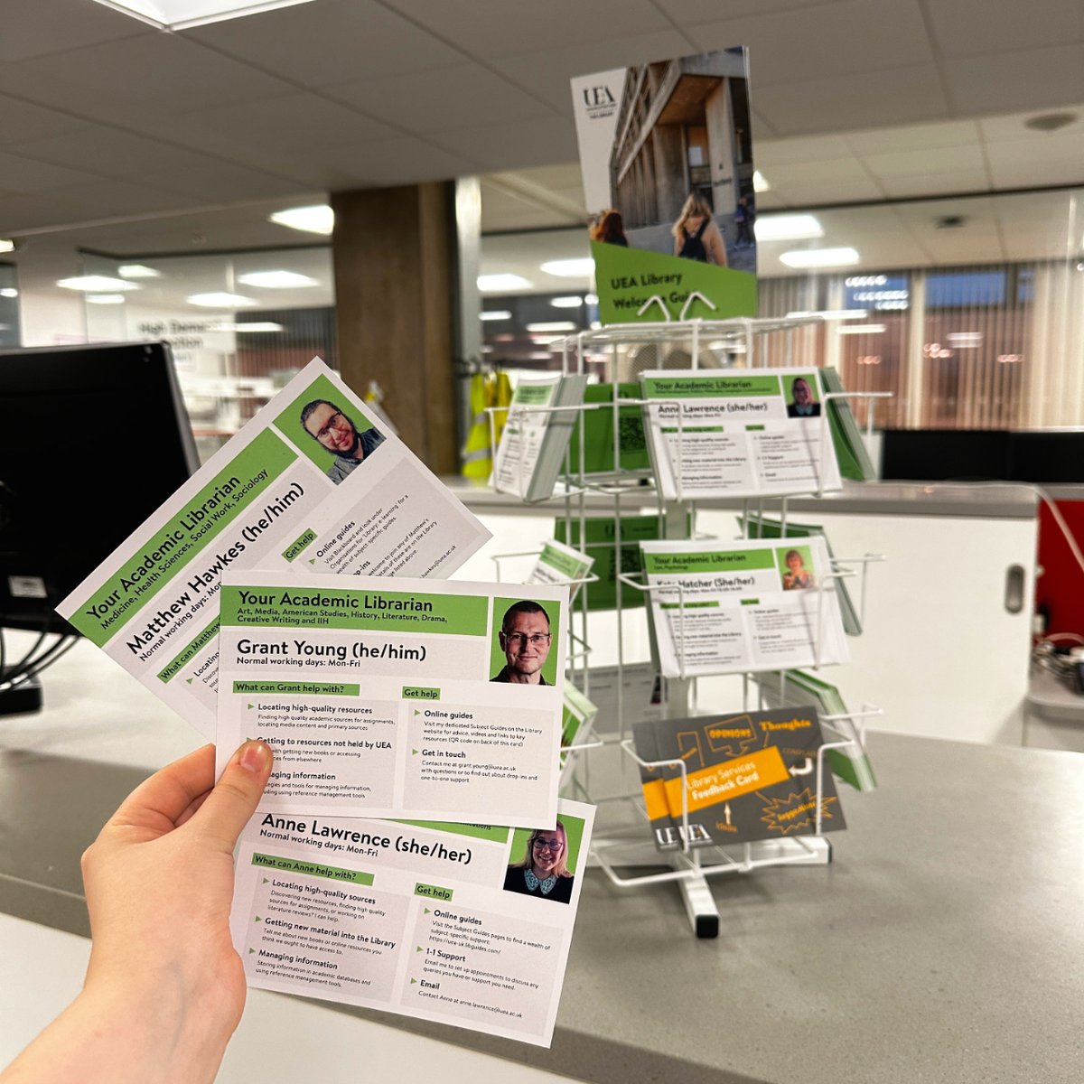 Have you picked up an Academic Librarian card from our Helpdesk yet?  Our Academic Librarians are here to help with a range of things such as locating high quality resources and managing information.  Find out more by grabbing a card from the Helpdesk on Floor 0.