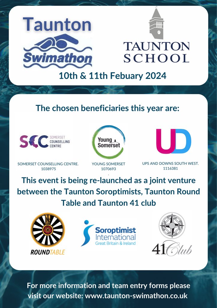 We are delighted to announce the re-launch of the Taunton Swimathon on the 10th &amp; 11th of February 2024

To sign up please visit taunton-swimathon.co.uk or to volunteer to help out please contact us at enquiries@taunton-swimathon.co.uk