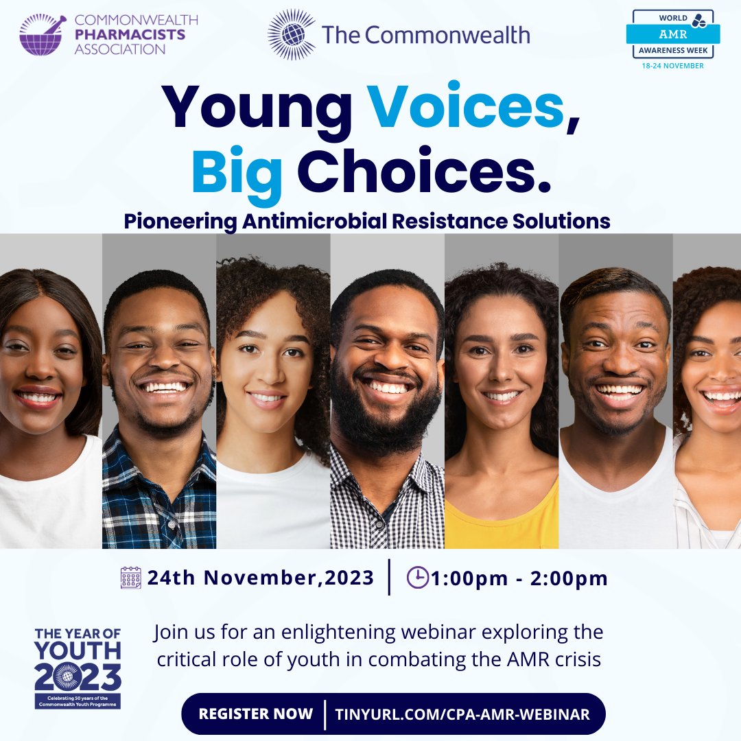 Commonwealth Pharmacists Association (@cw_pharmacists) on Twitter photo Young Voices, Big Choices.
Aligning with the theme of #WAAW2023, this webinar provides a unique platform for healthcare professionals to discuss innovative, cross-sectoral strategies to combat AMR.
Register >>> tinyurl.com/CPA-AMR-webinar
#WAAW #CPApharm #YearOfYouth <a href="/ComSecYouth/">Commonwealth Youth</a> Young Voices, Big Choices.
Aligning with the theme of #WAAW2023, this webinar provides a unique platform for healthcare professionals to discuss innovative, cross-sectoral strategies to combat AMR.
Register >>> tinyurl.com/CPA-AMR-webinar
#WAAW #CPApharm #YearOfYouth <a href="/ComSecYouth/">Commonwealth Youth</a>