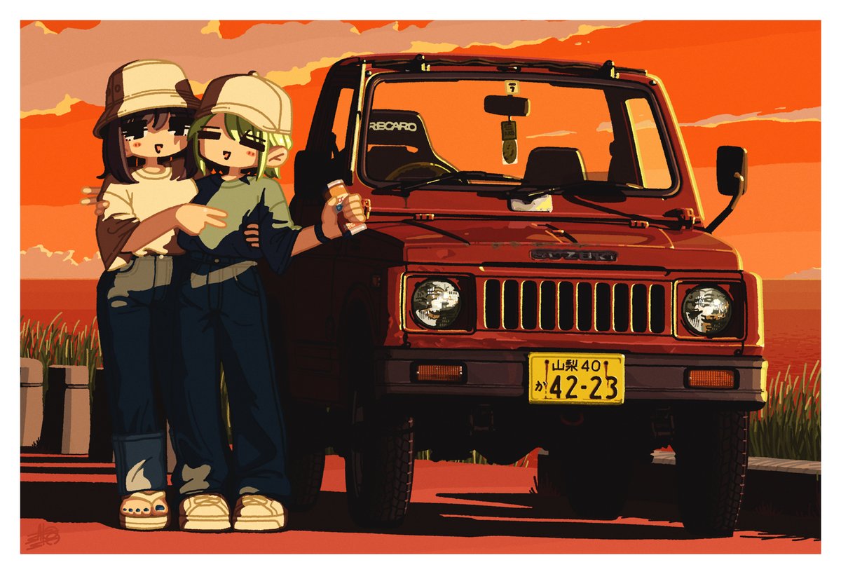 multiple girls 2girls ground vehicle motor vehicle hat green hair car  illustration images