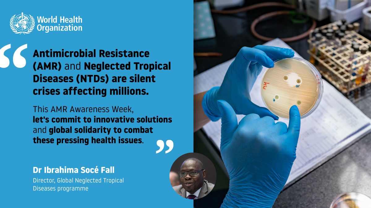 'Join us in raising awareness about AMR during #AMRAwarenessWeek. Effective management of AMR is crucial for the fight against #NTDs. Let's work together to promote responsible use of antibiotics and safeguard our progress towards NTD elimination.  #EndtheNeglect'@SoceFallBirima