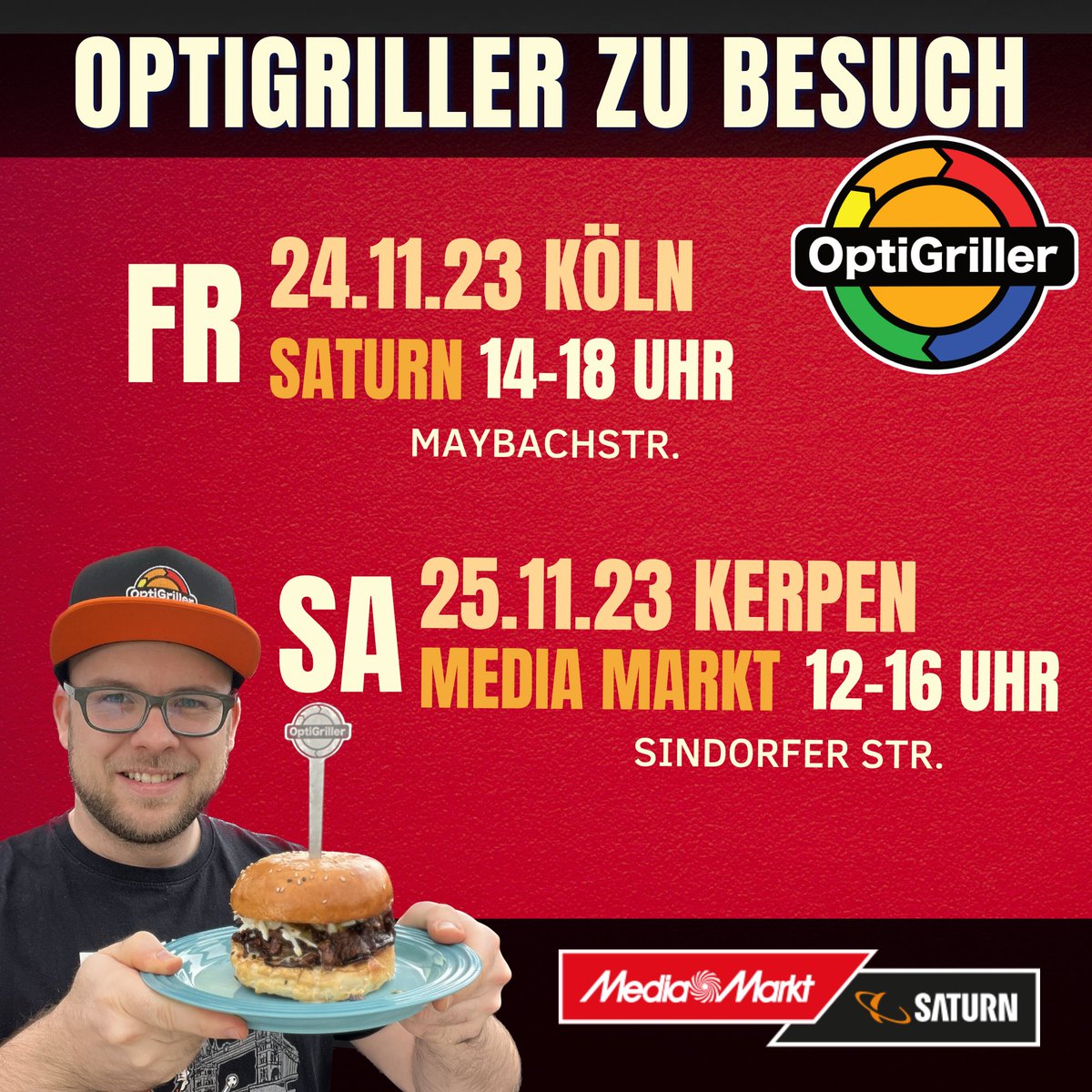 Neue Termine 👍 

Freitag 24.11.23 in Köln im Saturn 
Samstag 25.11.23 in Kerpen im Media Markt

Kommt gerne vorbei!

#optigriller #optigrill #kerpen #köln