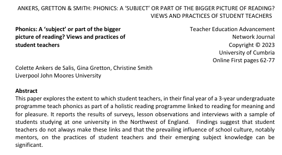 New article by our Primary English ITE team: Phonics: A ‘subject’ or part of the bigger picture of reading? Views and practices of student teachers @cesmith68 @Janroweljmu loom.ly/rAZI0RU