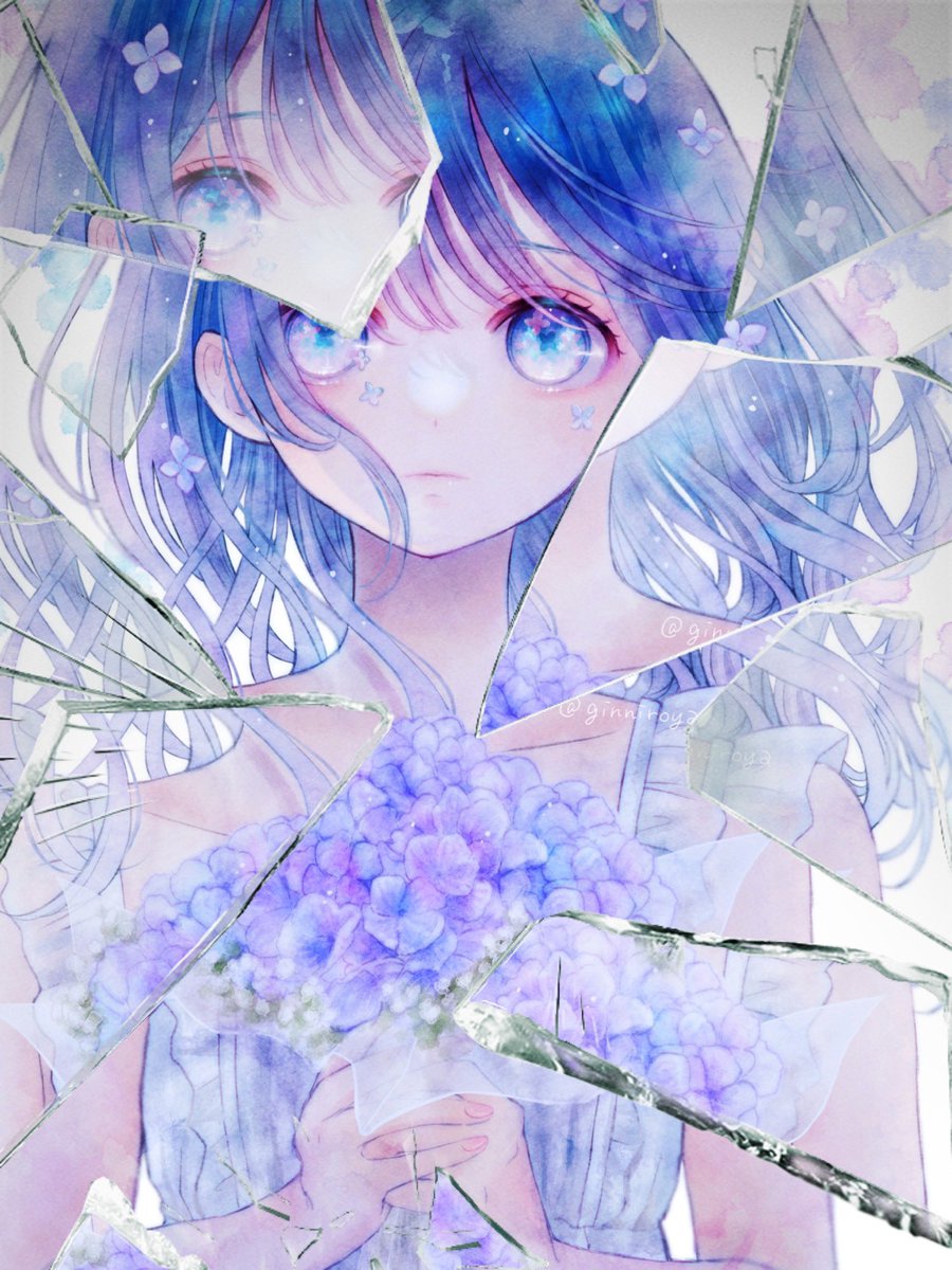 1girl flower solo blue eyes looking at viewer blue hair holding  illustration images