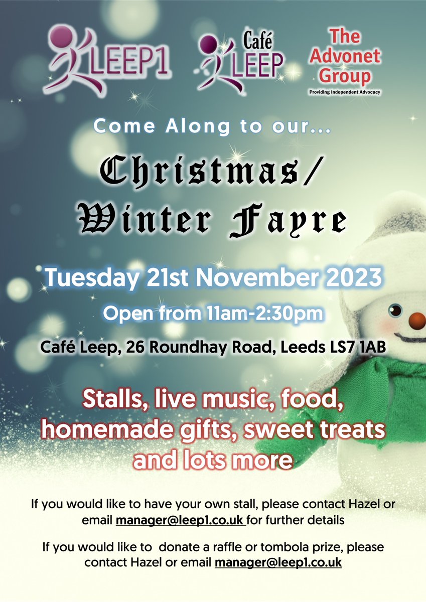 Our #Christmas/Winter Fayre is on tomorrow at @CafeLeep from 11am-2:30pm! There'll be stalls, live music, food, homemade gifts and more - email manager@leep1.co.uk if you would like more information 🎄🎁🎵🍽️#Leeds #LearningDisability