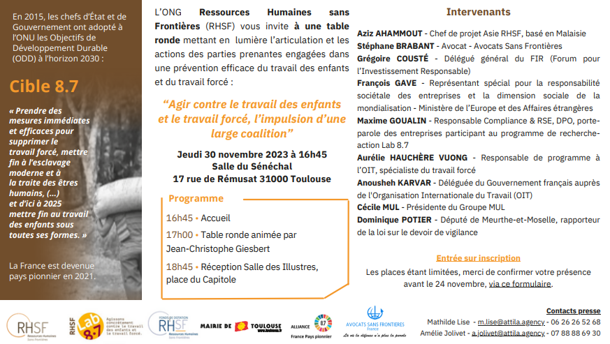 📢J-10 : inscrivez vous pour participer à notre table ronde sur l'impulsion d'une large coalition contre le travail forcé et le travail des enfants !

⏳Quand ? 30 novembre à 16h45 - Toulouse 

✍️ Lien : docs.google.com/forms/d/e/1FAI…

#RSE #Toulouse #droitsdesenfants #forcedlabour