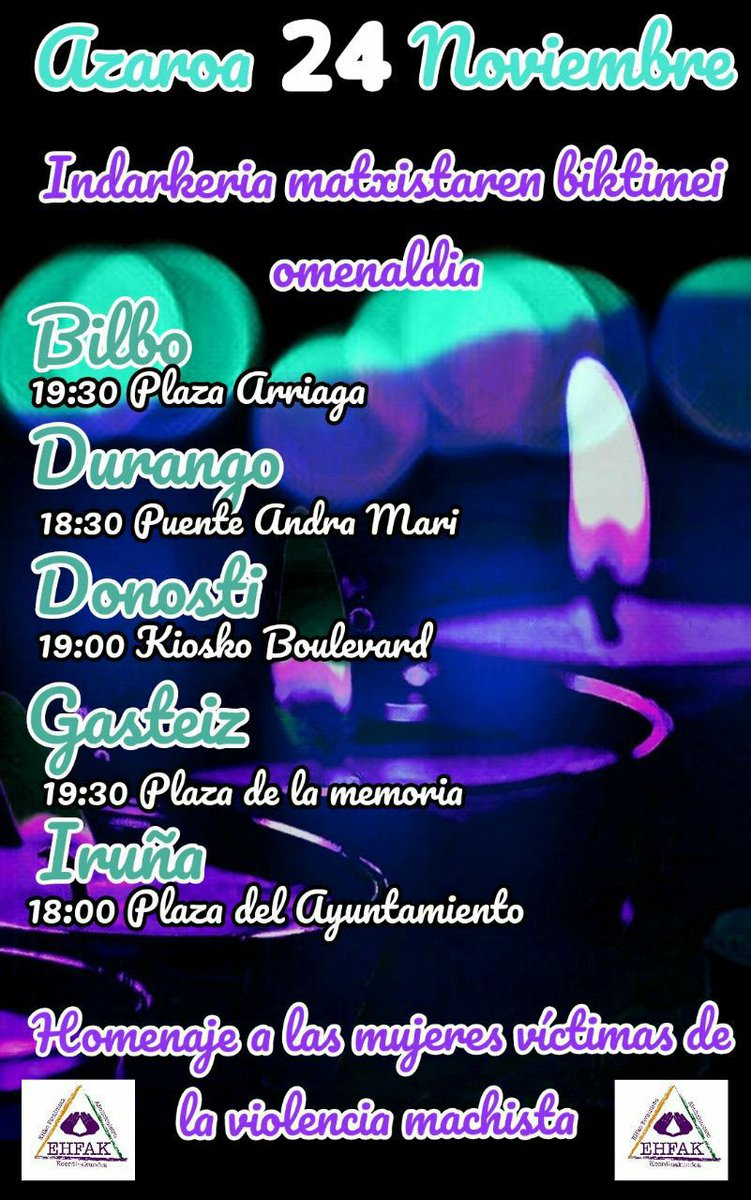 Desde EHFAK (Coordinadora Abolicionista de Euskal Herria) os animamos a asistir a las convocatorias del Bloke ABOLICIONISTA en nuestros territorios
24N Homenaje a las mujeres asesinadas
25N Día Internacional contra la violencia hacia las Mujeres