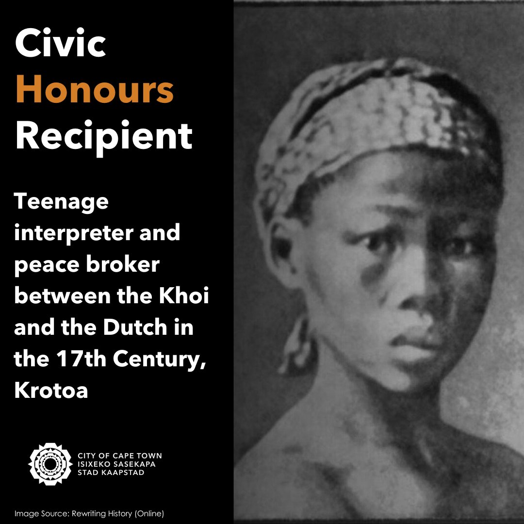 Krotoa was taken from the care of her uncle, Autshumato, and placed into the Van Riebeeck household as a servant at the age of only 11. Her remarkable language skills soon saw her take up the role of translator and negotiator. See: bit.ly/3QdsWnr #CivicHonoursCT