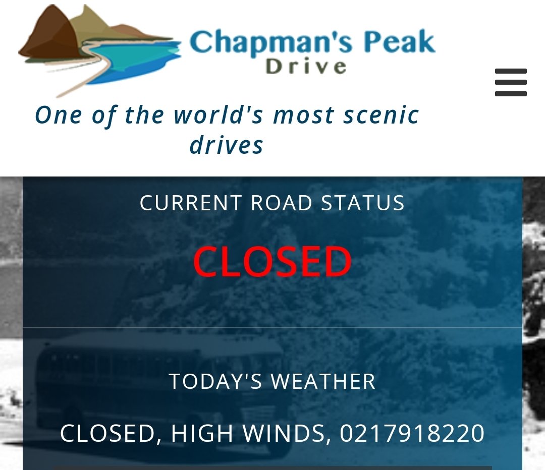 🚧CLOSED
Due to high winds.
Follow us or check our website for updates chapmanspeakdrive.co.za

#chapmanseakdrive #chappies #chapmanspeak #DiscoverHoutBay #houtbay #lovecapetown #capetown #southafrica #shotleft #discoverctwc #tavelmassivect #TravelMassive #TravelChatSA