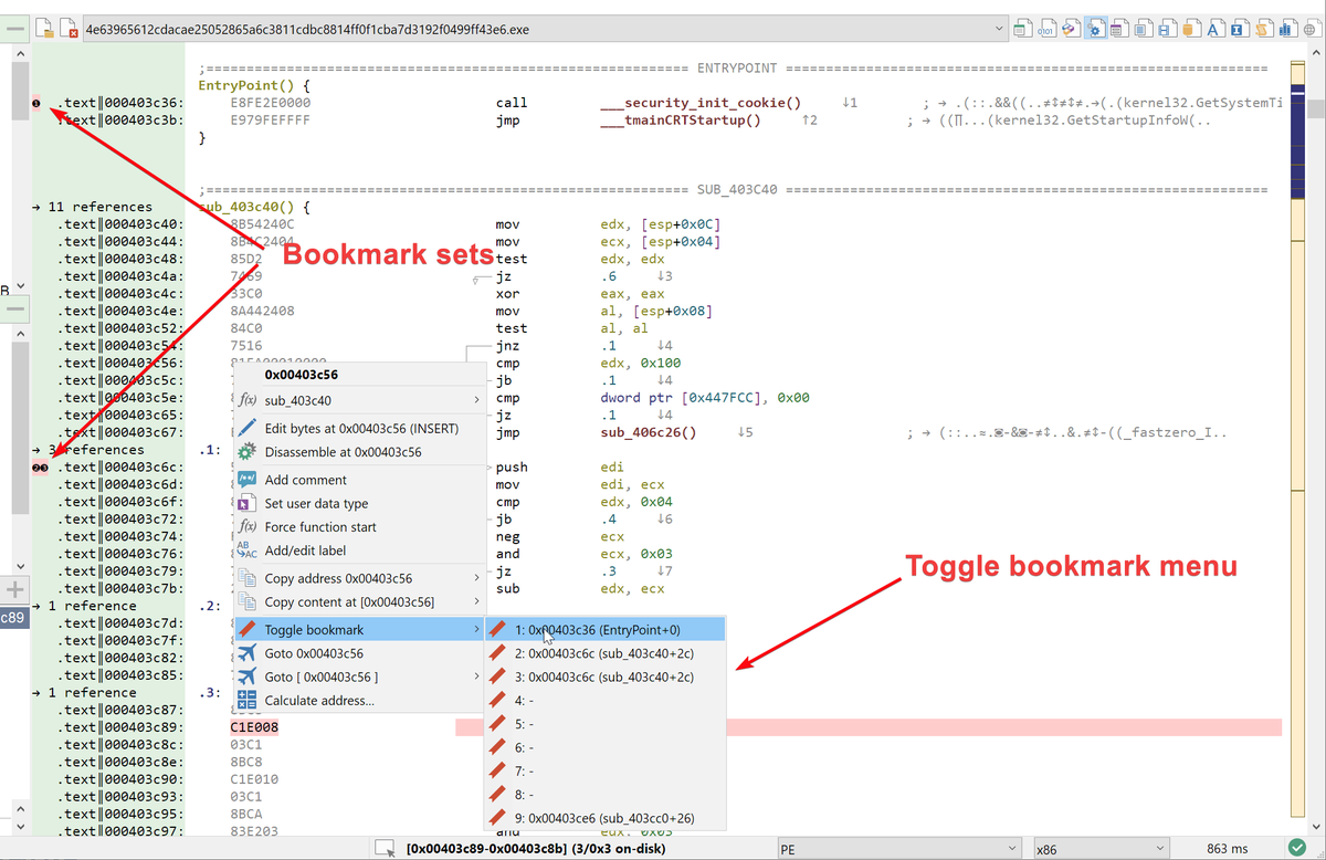 malcat4ever's tweet photo. Tip of the week #6: found an interesting location in your #malware? #malcat let you set up to 10 user bookmarks using Ctrl+Alt+<Number>.
You can jump back to saved locations using Alt+<Number>. https://t.co/MFeIU2C1nM
