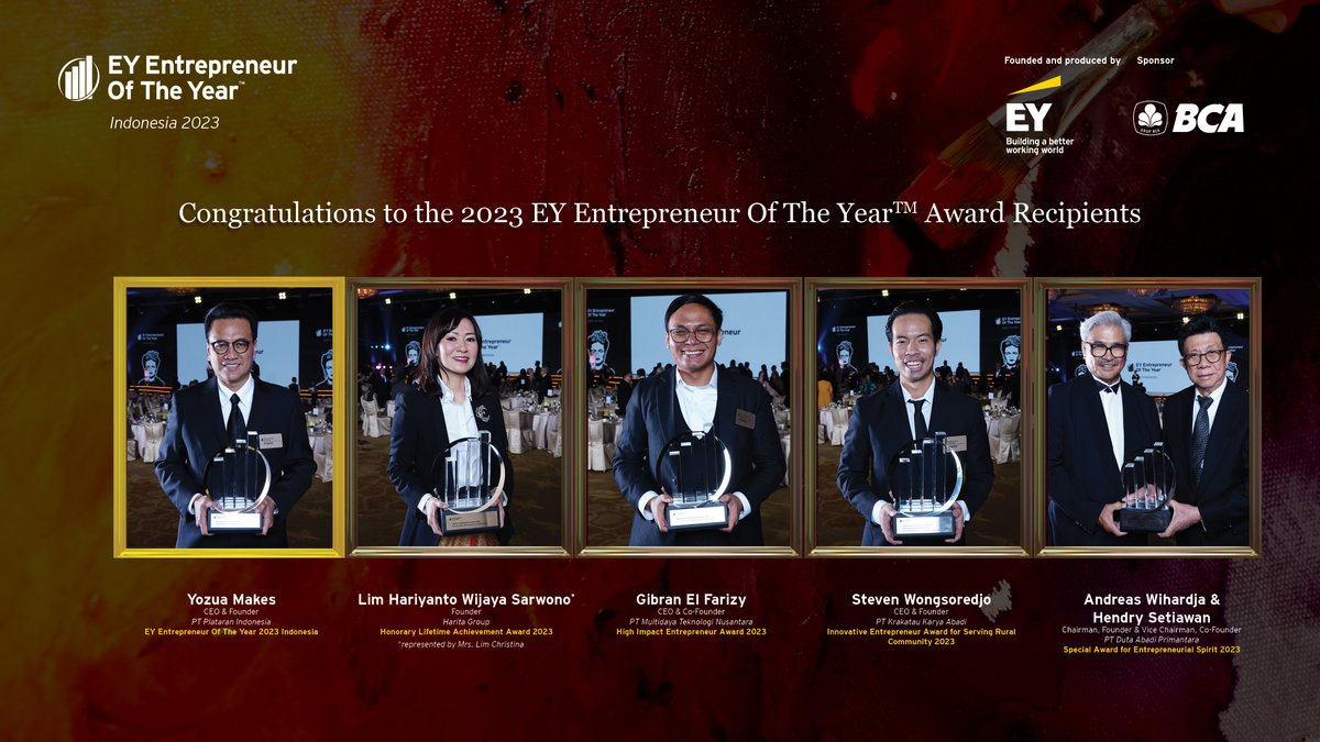 We are proud to honor these 5 award recipients who have created masterpieces of entrepreneurial art in the 21st year of organizing EY Entrepreneur Of The Year Awards Ceremony last week, in Jakarta. 

Read more: go.ey.com/3MQaBM5

#EYEOYID #TheArtofEntrepreneurship
