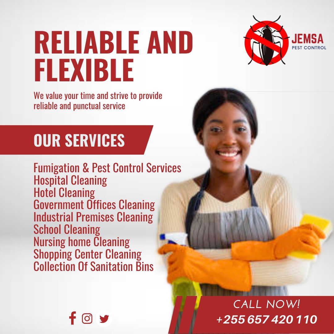 JemsaPest's tweet photo. We don't offer only pest control services,we also offer residential and commercial cleaning services on a daily or weekly basis, once-off  cleaning.For more information you can call or text us via  WhatsApp on +255 657 420 110.

#cleaning #homecleaningservices #jemsapestcontrol https://t.co/ceDIohDHNR