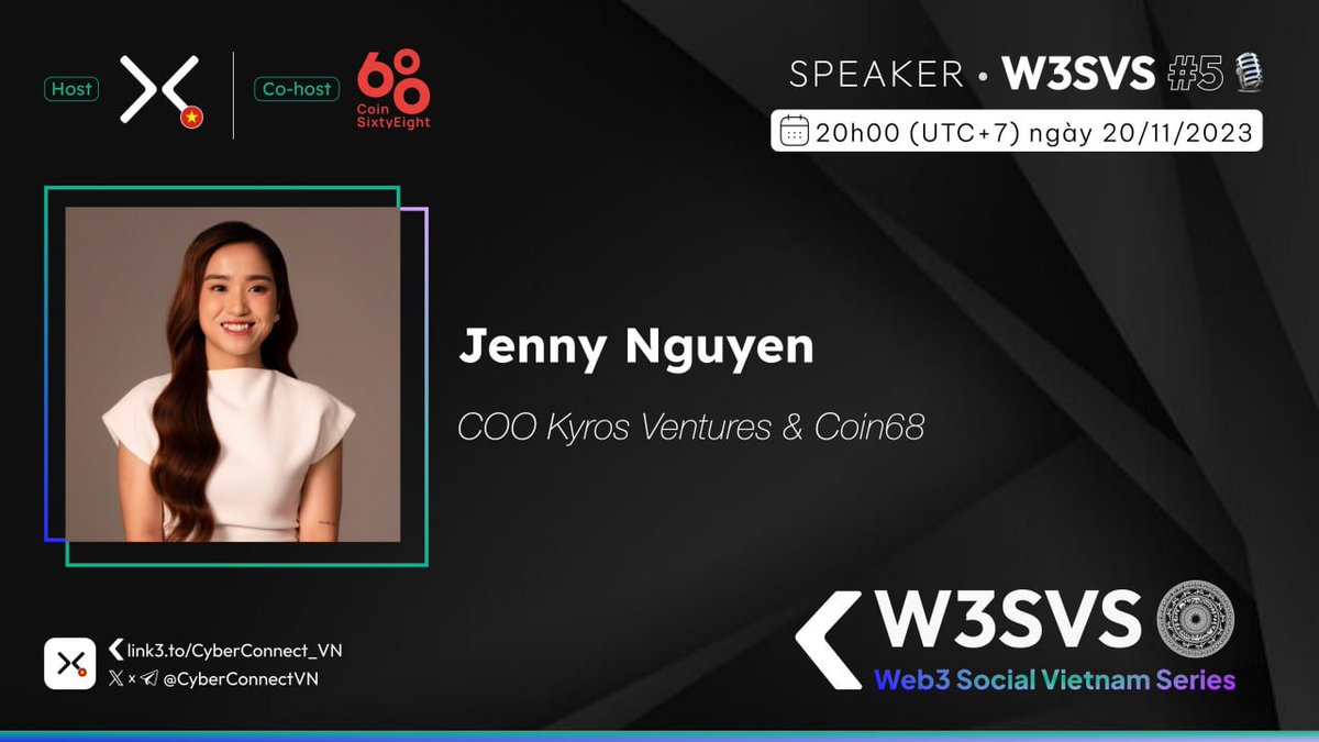 Tuong_Degennft's tweet photo. MỘT BUỔI TALK CỰC CHẤT CYBERCONNECT 20H TỐI NAY KHÔNG NÊN BỎ QUA
CHỦ ĐỀ : WEB3 #SOCAIL AND CREATORS
W3SVS @CyberConnectVN với chủ đề #web3 Social and Creators sẽ được diễn ra vào tối nay. Đây là chủ đề đáng để học hỏi cả không gian Web3 hiện tại
Địa điểm 20h tối nay : https://t.co/p7qHdbu3V6
Hai Speaker kinh điển trong Crypto Việt Nam Talk tối nay cùng @CyberConnectVN . Đây một buổi Talk sẽ rất nhiều Insights $Cyber và #web3 tối nay nên anh em lưu ý
1 @jennykyros68
2 @GetJekted