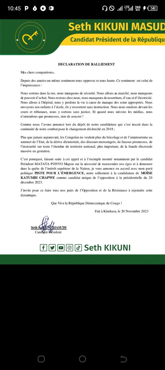 Élection du 20 décembre en #RDC : après Matata Ponyo <a href="/sethkikuni/">Seth Kikuni</a>  annonce en accord avec son parti politique PISTE POUR L'ÉMERGENCE, son ralliement à la candidature de <a href="/moise_katumbi/">Moise Katumbi</a>  comme candidat unique de l'opposition à la présidentielle du 20 décembre 2023.

Communiqué ⤵️