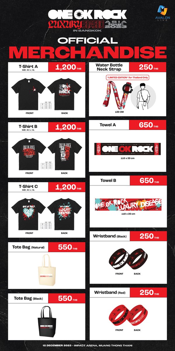 Officialavalon's tweet photo. OFFICIAL MERCHANDISE LIST  RELEASE NOW! 🥳

- เปิดจำหน่ายสินค้าที่ด้านหน้างาน ในวันที่ 12 ธันวาคม 2566 ตั้งแต่เวลา 12:00 น. เป็นต้นไป 
- รับชำระด้วย เงินสด และ Promptpay QR Code เท่านั้น 
- จำกัดการซื้อสูงสุด ในทุกชนิดสินค้า แบบละ 5 ชิ้น/ท่าน 

+=+=+=+=+=+=+=+=+=+

- General sales at in front of the event day, December 12, 2023 at 12:00 noon onwards. 
- Accept payment by cash and PromptPay QR Code.
- Limit of 5 pieces per person for each product type.

#ONEOKROCK #OORBKK2023